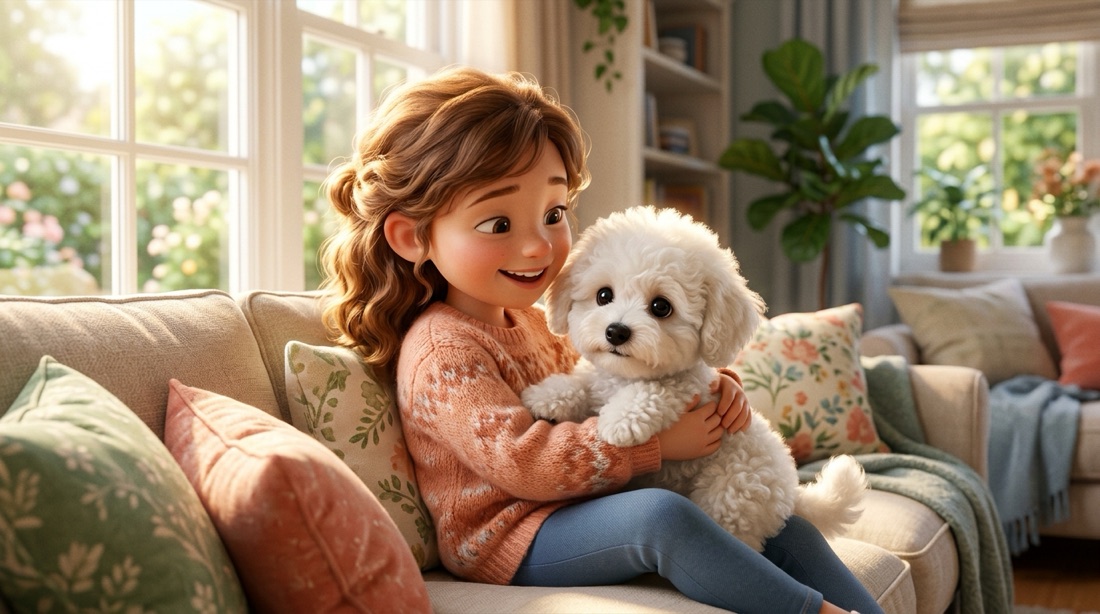 Example pack cover: storybook illustration of Bella with their owner